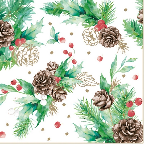 20 Servietten Cones & Hollyberry on White - Zapfen an Wintergeflecht 33x33cm
