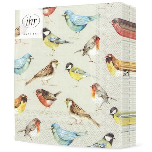 20 Servietten The Birds - Vogelarten auf taupe 33x33cm