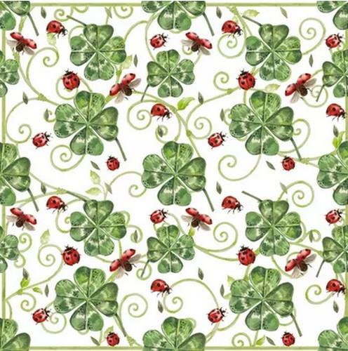 20 Servietten Clover & Ladybugs - Marienkäfer fliegen um Kleeblätter 33x33cm