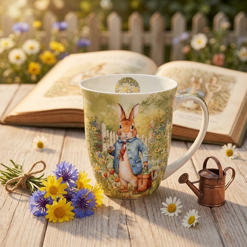 Tasse aus Porzellan Mister Rabbit  - Hasenmann im Garten 0,4L, Höhe 10,5cm