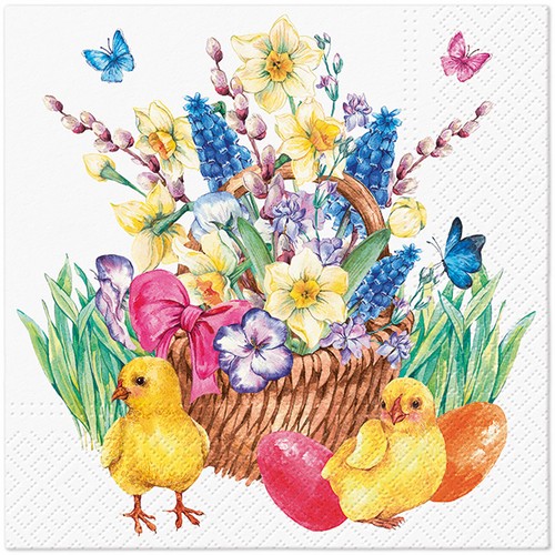 20 Servietten Easter Bouquet - Küken an Blumenkorb 33x33cm
