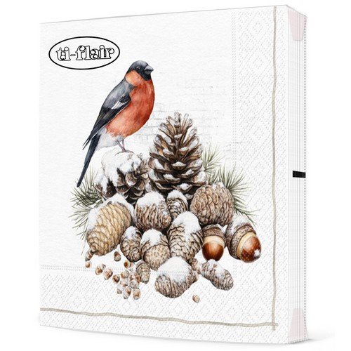 20 Servietten Bullfinch & Cones - Vogel auf Zapfen 33x33cm