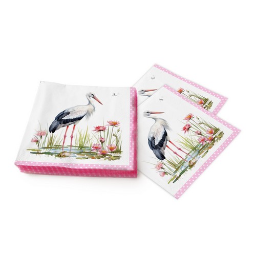 20 Servietten Stork & Frogs rose - Storch an Bordüre rosa 33x33cm