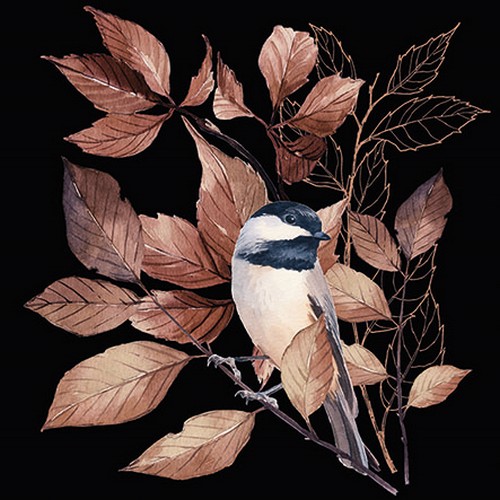 20 Servietten Lovely Chickadee black - Vogel an braune Blätter auf schwarz 33x33cm