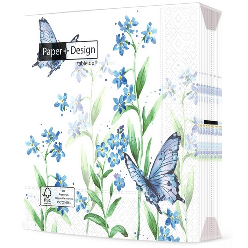 20 Servietten Azure bloom - Schmetterlinge an blauen Blumen 33x33cm