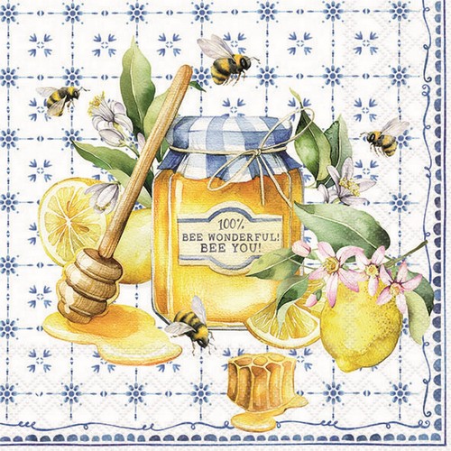 20 Servietten Bee wonderful - Bienen an Glas neben Zitronen 33x33cm