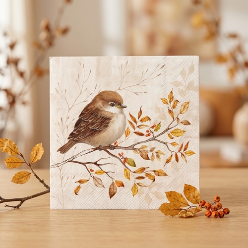 20 Servietten Autumn Melody cream - Vogel auf Ast voller Herbstblätter 33x33cm