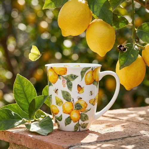 Tasse aus Porzellan Fresh lemons white  - Schmetterlinge an frischen Zitronen weiß 0,4L, Höhe 10,5cm