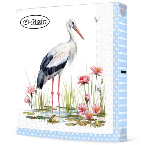 20 Servietten Stork & Frogs blue - Storch an Bordüre blau 33x33cm