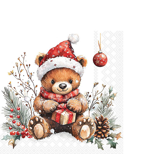 20 kleine Cocktailservietten Teddys gift white - Weihnachtsteddy mit Geschenk 25x25cm