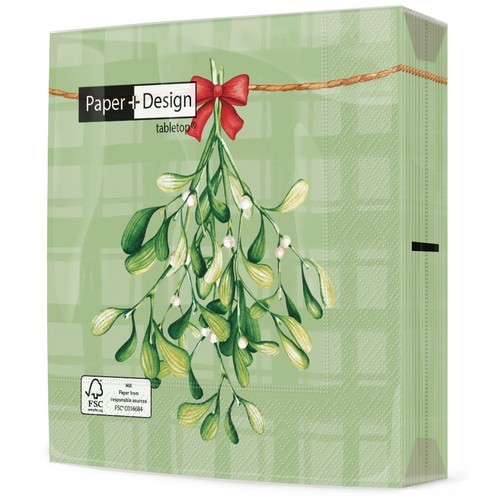 20 Servietten Mistletoe moments - Mistelzweig auf Karo grün 33x33cm