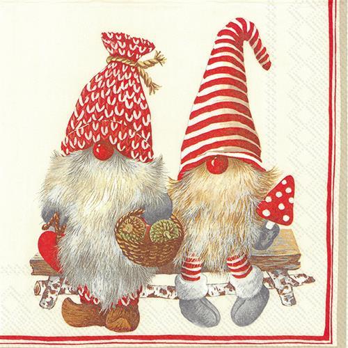 20 Servietten Friendly Tomte red - Zwerge beim Sammeln 33x33cm
