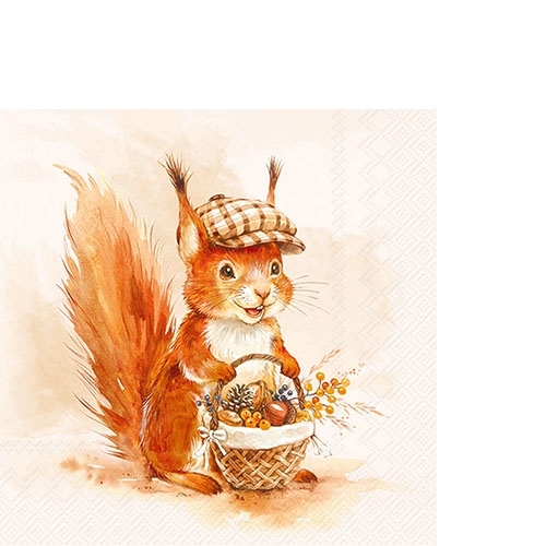 20 kleine Cocktailservietten Monty - Eichhörnchen mit Herbstkorb 25x25cm