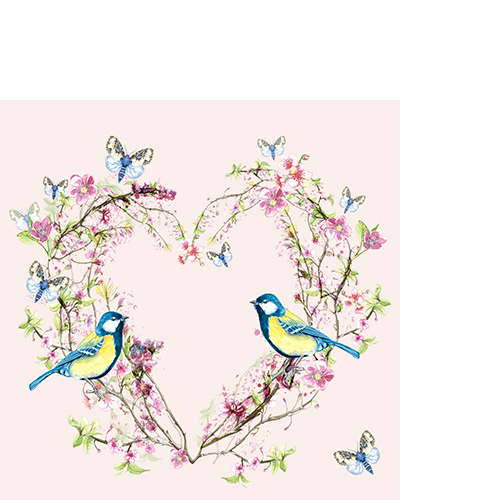 20 kleine Cocktailservietten In Love - Blaumeisen im Blumenherz 25x25cm