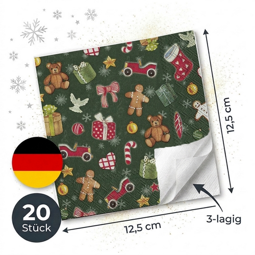 20 kleine Cocktailservietten Festive Christmas Toys - Miniatur Weihnachtsgeschenke 25x25cm