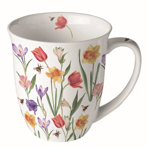 Tasse aus Porzellan Flowers in spring  - Frühlingsblumen und Bienen 0,4L, Höhe 10,5cm
