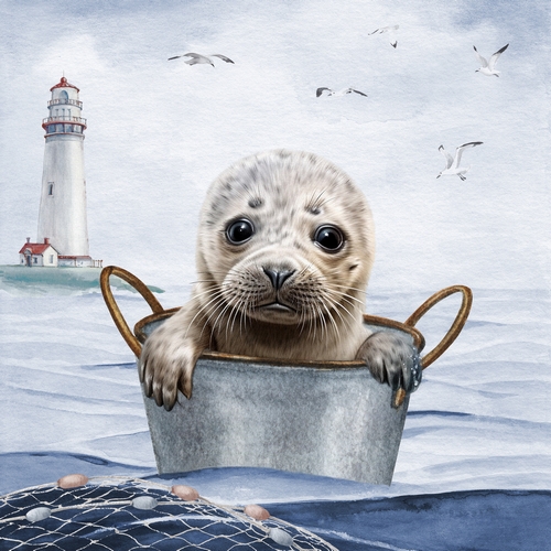 20 Servietten Robbie - Robbe im Eimer 33x33cm