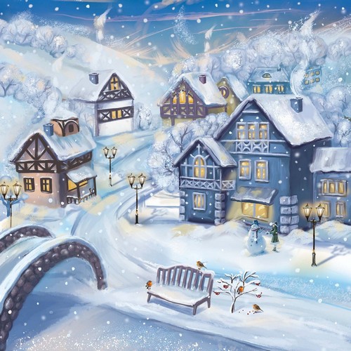 20 Servietten Snowy Winter Town - Winterstadt im Schnee 33x33cm