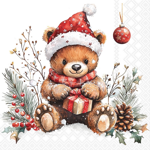 20 Servietten Teddys gift white - Weihnachtsteddy mit Geschenk 33x33cm
