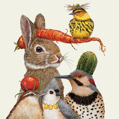 20 Servietten Harvest Party - Kunstvoller Hase und Vögel  33x33cm