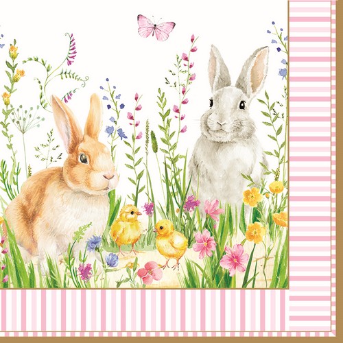 20 Servietten Happy Easter - Niedliche Hasen im Gras 33x33cm