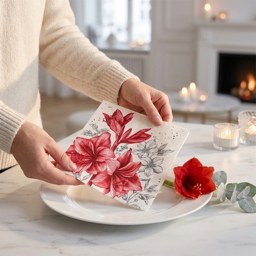 20 Servietten Aurelie cream black - Roter Amaryllis und Silhouetten 33x33cm