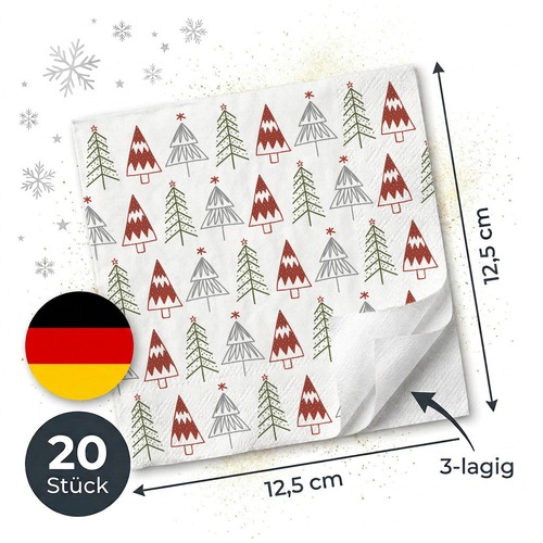 20 kleine Cocktailservietten Fun trees Red - Gemalte Weihnachtsbäume rot-grün 25x25cm