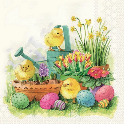 20 Servietten Curious Chicks - Küken an Pflanzen und Osereier 33x33cm