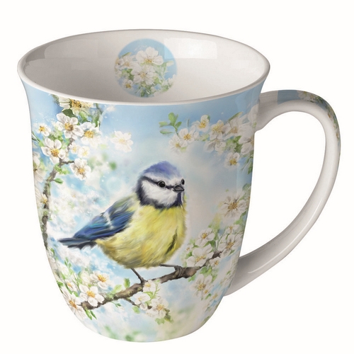 Tasse aus Porzellan Blossom time  - Blaumeise an Frühlingszweige 0,4L, Höhe 10,5cm
