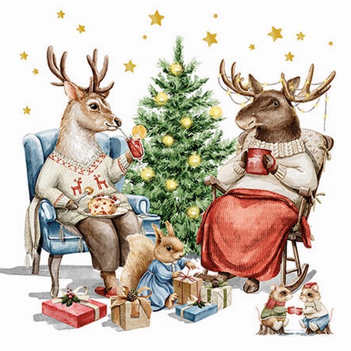 20 Servietten Winter Companions - Tiere in warmer Stube versammelt 33x33cm