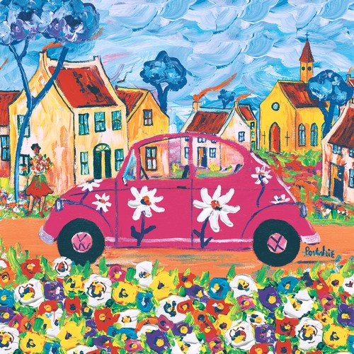 20 Servietten Portchie Art The City Girl - Pinkes Auto an Blumenstraße 33x33cm