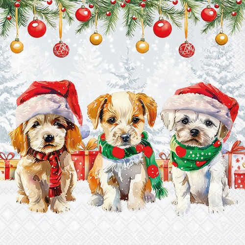 20 Servietten Funny Cute Puppies - Festliche Weihnachtshunde 33x33cm