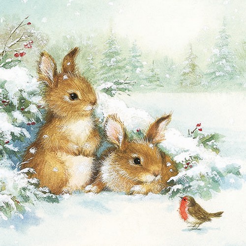 20 Servietten Friends in Snow - Hasen beschnuppern Vogel im Schnee 33x33cm