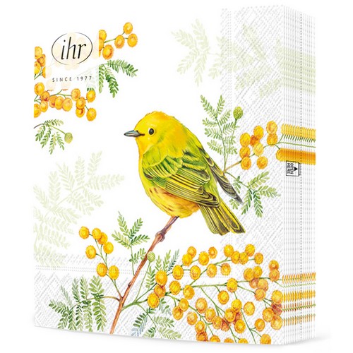20 Servietten Joy of Spring - Grüner Vogel an gelben Blüten 33x33cm