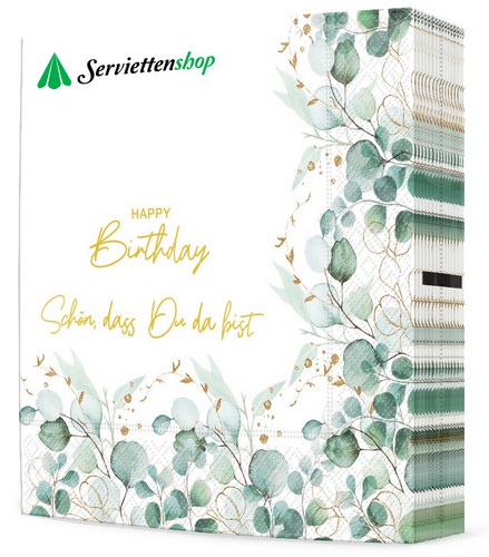 20 Servietten Eucalyptus Frame Happy Birthday - Eukalyptus Bordüre Geburtstag 33x33cm
