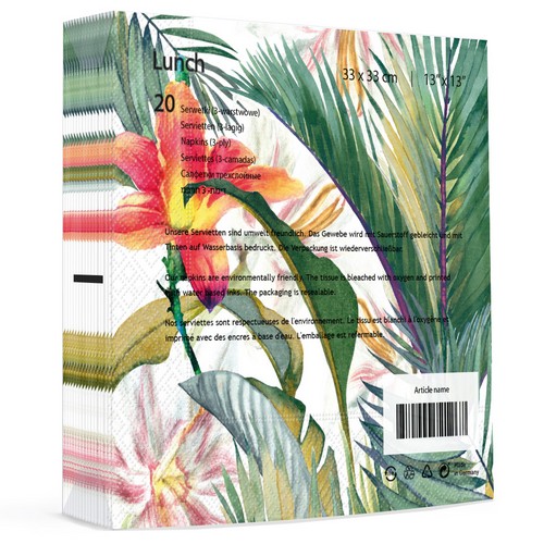 20 Servietten Tropical Paradise - Tropische Blüte um Blätter 33x33cm