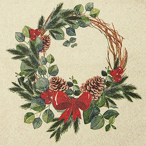 20 Servietten Natural Wreath - Geschmückter Weihnachtskranz 33x33cm