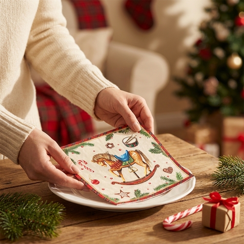 20 Servietten Classic rocking Horse cream - Schaukelpferd mit Weihnachtselemente 33x33cm
