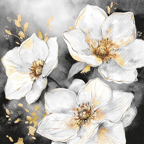20 Servietten Golden Grace black - Weiße Weihnachtsrosen auf schwarz 33x33cm