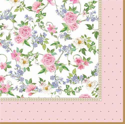 20 Servietten Garden Joy - Kleine Rosen an Punkte-Bordüre 33x33cm