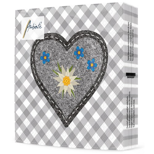 20 Servietten Edelweiss Heart grey - Edelweiss im Herz grau 33x33cm