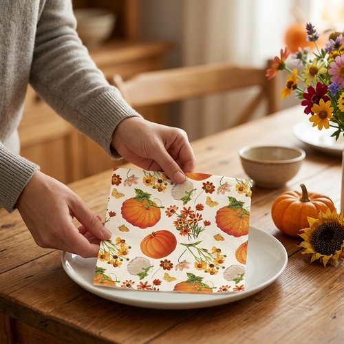 20 Servietten Floral Pumpkins cream - Fliegende Kürbisse und Blumen 33x33cm