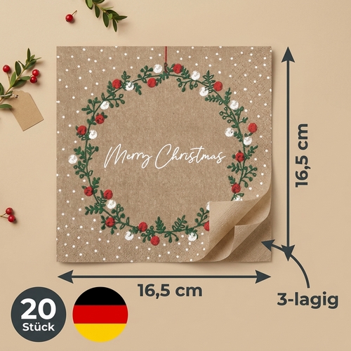 20 Servietten A Christmas Wish - Merry Christmas im Weihnachtskranz 33x33cm