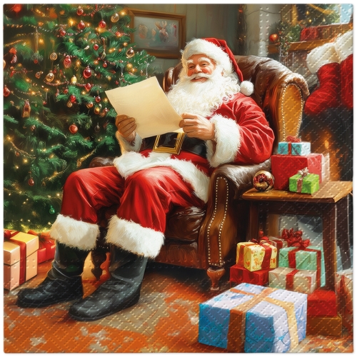 20 Servietten Santas Wishes - Weihnachtsmann im Sessel 33x33cm