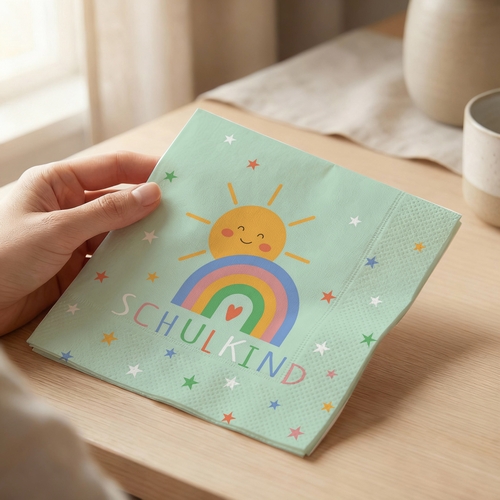 20 Servietten Schulkind - Schulkind an Regenbogen 33x33cm