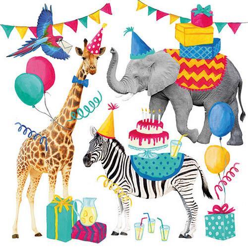 20 Servietten Animal Birthday white - Zootiere in Partystimmung 33x33cm