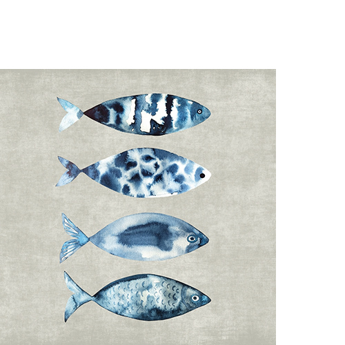 20 kleine Cocktailservietten High tide fish - Fische auf Betonfarbe 25x25cm