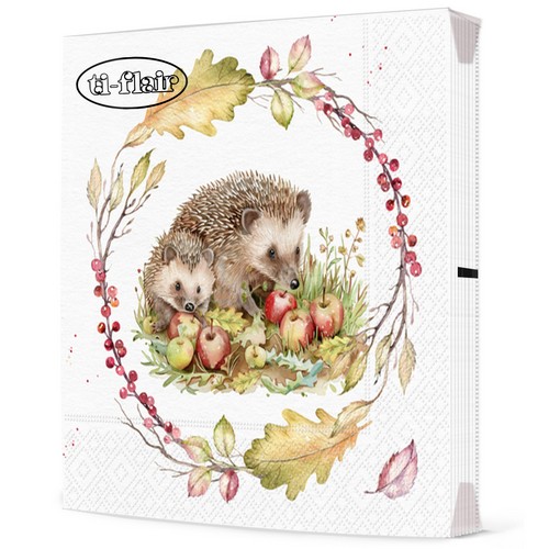 20 Servietten Hedehog Autumn Feast - Igel mit Äpfel im Kranz 33x33cm