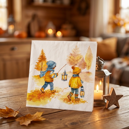 20 Servietten Autumn Walk - Kinder mit Laternen im Herbst 33x33cm