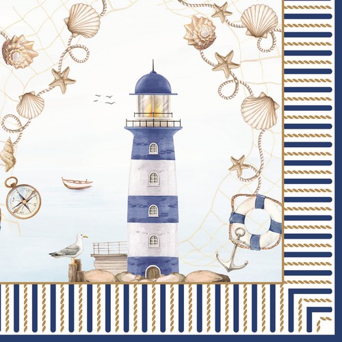 20 Servietten Blue Lighthouse - Leuchtturm mit Muscheln 33x33cm